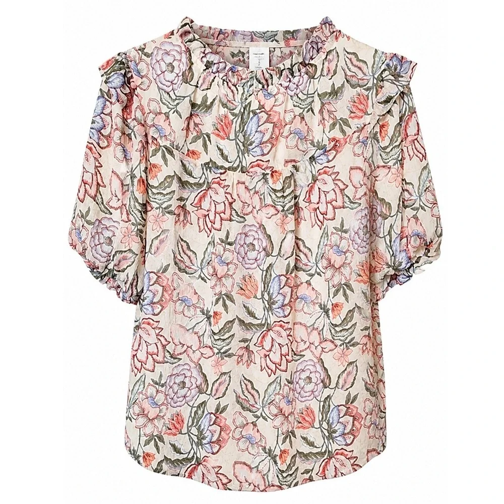 LOFT Women Cottagecore Floral Ruffle Neck Puff Sleeve Lined Blouse Size Large
